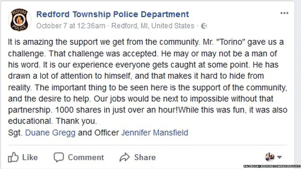 A Facebook post from Redford Township police congratulating people for helping reach their target