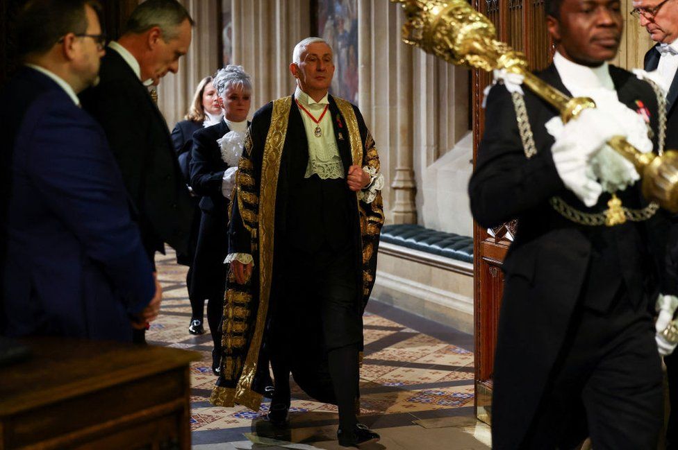 Lindsay Hoyle, speaker of the house of commons, arrives ahead of the State Opening of Parliament in the House of Lords on November 7, 2023 in London, England.