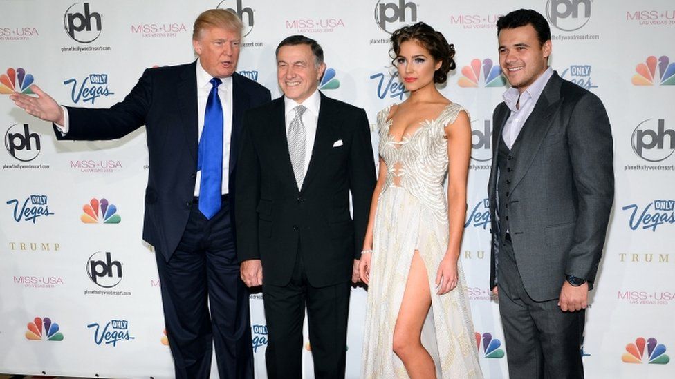 Donald Trump, Aras Agalarov, Miss Universe 2012 Olivia Culpo and Russian singer Emin Agalarov in Las Vegas 2013
