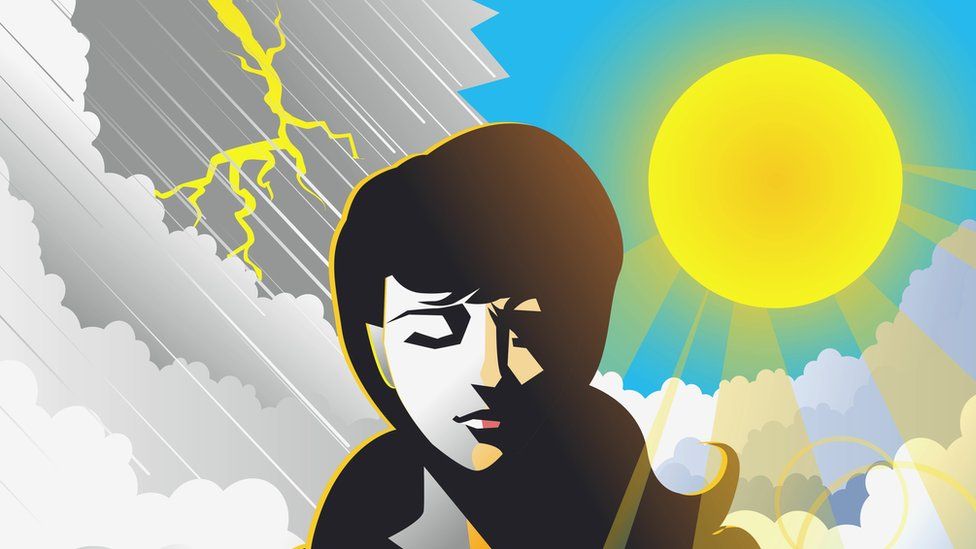 Illustration of woman with sun and thunder in background