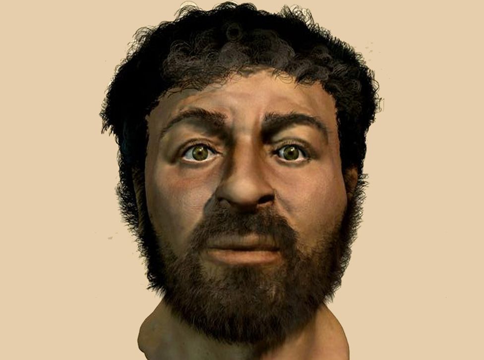 An artistic rendering shows Jesus as he would have appeared in 1st century Palestine, as a Jewish man with course, dark hair, a broad nose, and dark eyes.