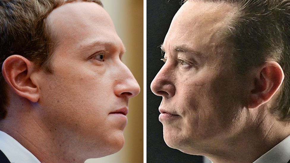 Композитное изображение, на котором Марк Цукерберг и Илон Маск смотрят в профиль, как будто смотрят друг на друга с близкого расстояния близость