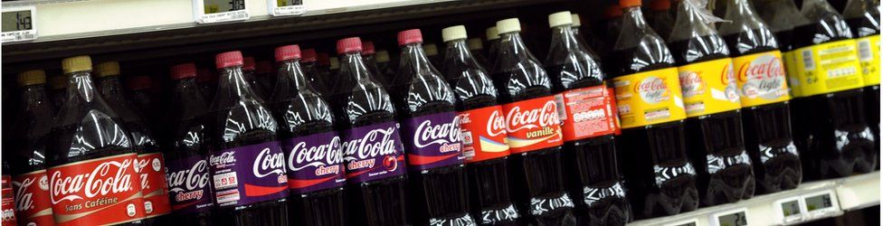 Bottles of Coca Cola on a supermarket shelf