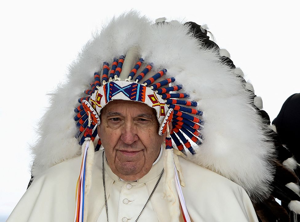 Pope Francis meets First Nations, Metis and Inuit indigenous communities in Maskwacis, Alberta, Canada, on 25 July 2022