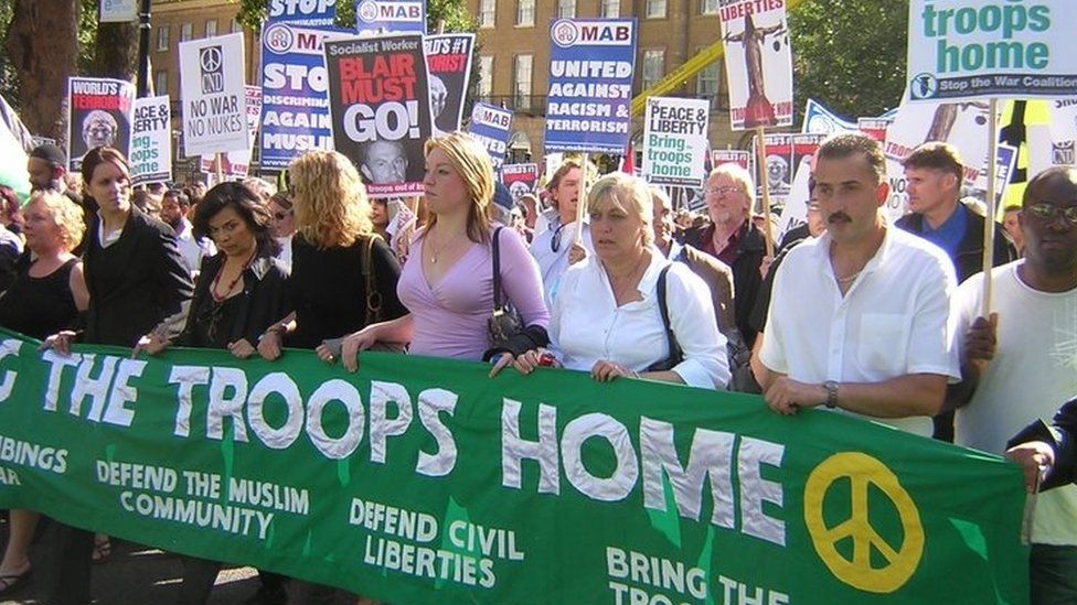 Sue Smith (pictured third from the right) at a Stop the War Coalition march in London in September 2005