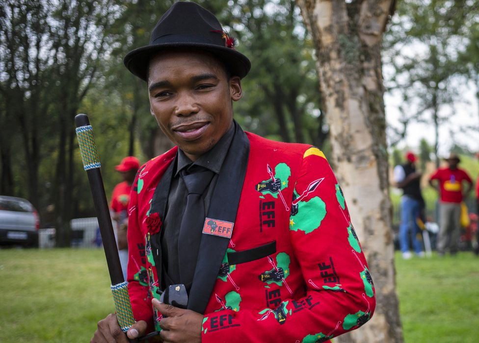 An EFF member in a red EFF print jacket in Johannesburg, South Africa - Friday 28 February 2020