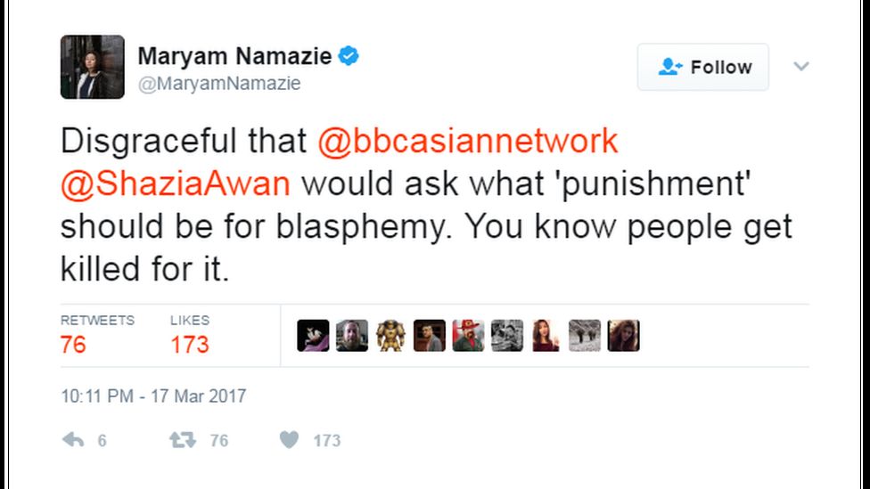 Maryam Namazie tweet: "Disgraceful that @bbcasiannetwork @ShaziaAwan would ask what 'punishment' should be for blasphemy. You know people get killed for it."