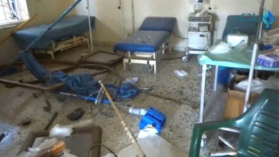 Damage inside a hospital, said to be in the rebel-held town of Atareb in the countryside west of Aleppo (14 November 2016)