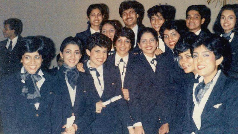 Some of the crew of Pan Am Flight 73, including Neerja Bhanot (top row far right), Sherene Pavan (bottom row, 4th from left), and Nupoor Abrol (top row, 3rd from right).
