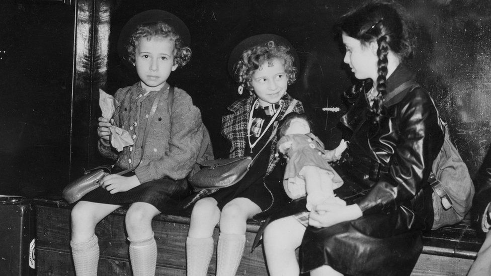 Three Jewish female children, part of the Kindertransport mission, at Liverpool Street Station in 1939