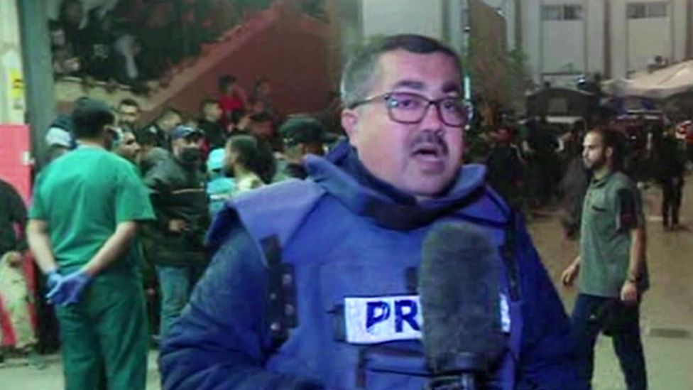 BBC Arabic reporter Adnan El-Bursh in front of Nasser hospital in Khan Younis