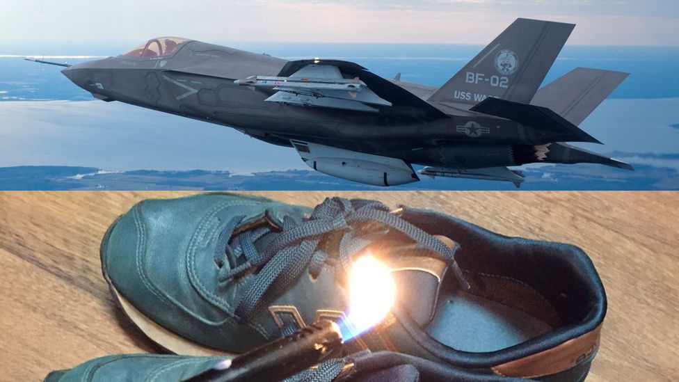 Composite image showing an F-35 jet and a pair of New Balance shoes on fire