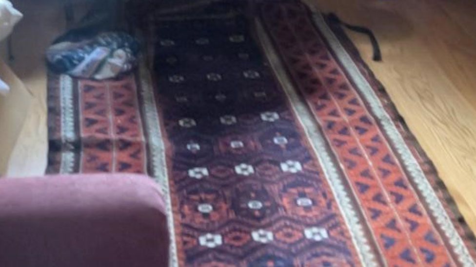 A Persian rug. It is red, purple, dark blue and white