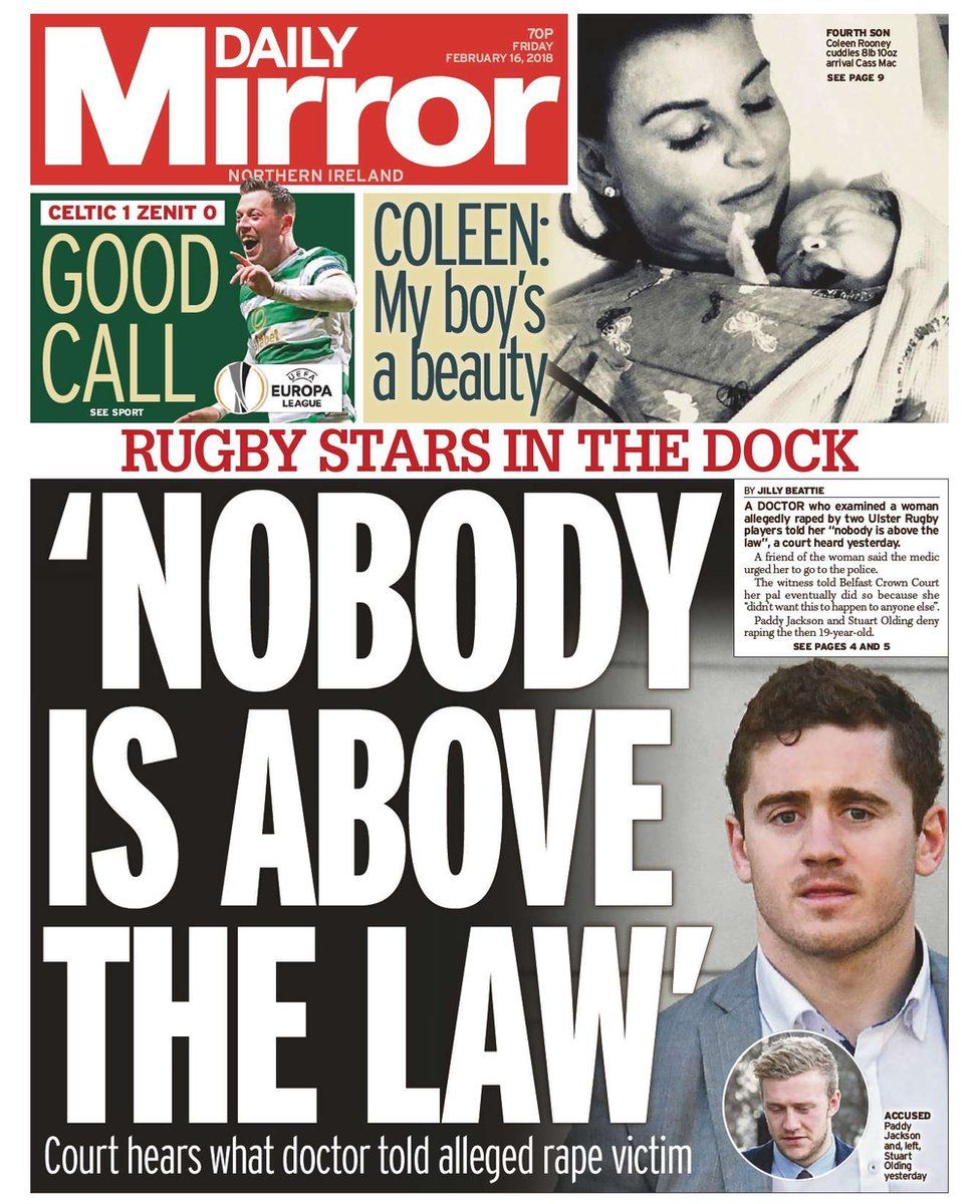 Front page of the Daily Mirror, Friday 16 February 2018