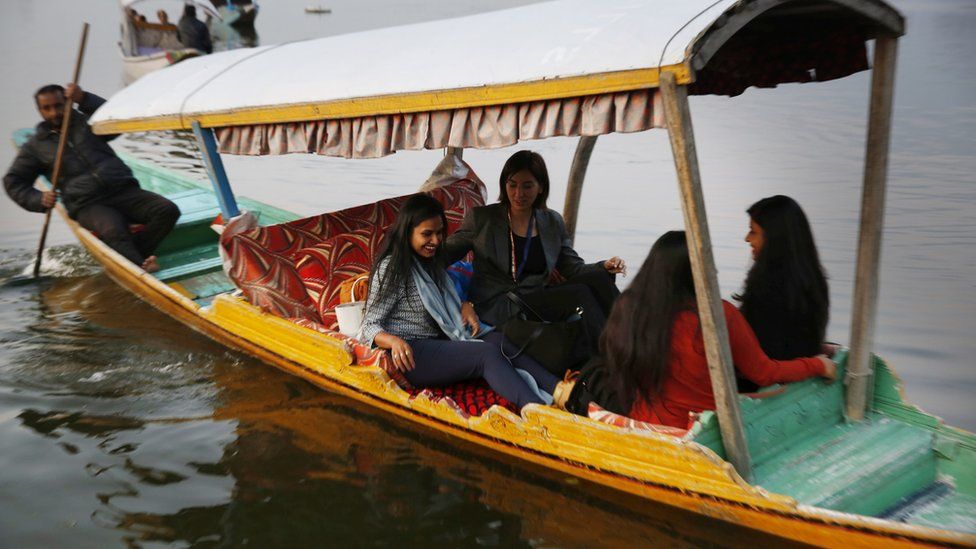 A delegation of European Union lawmakers takes a local shikara ride in the Dal Lake, on October 29, 2019 in Srinagar, India.