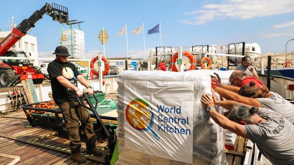 Picture of aid workers loading a pallet onto a ship