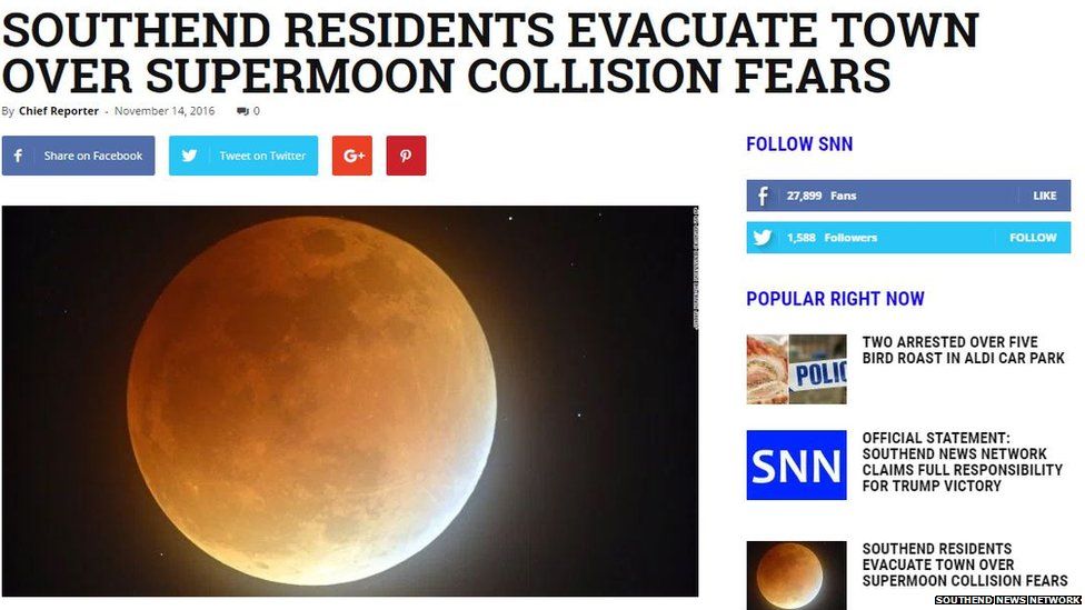 A story from Southend News Network with the headline 'Southend Residents evacuate town over supermoon fears'.