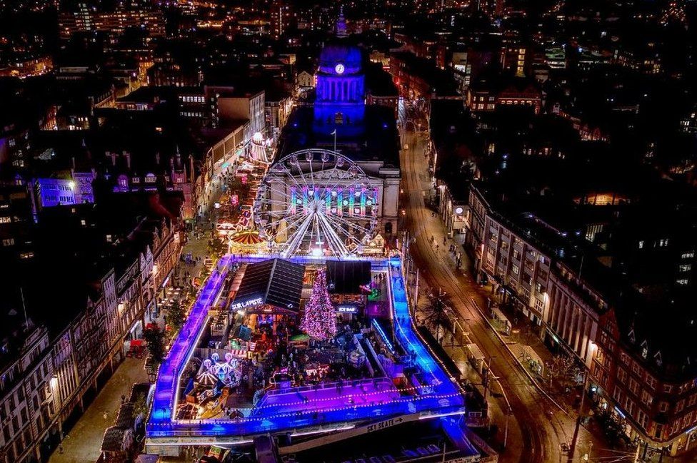 An aerial view of the Christmas market