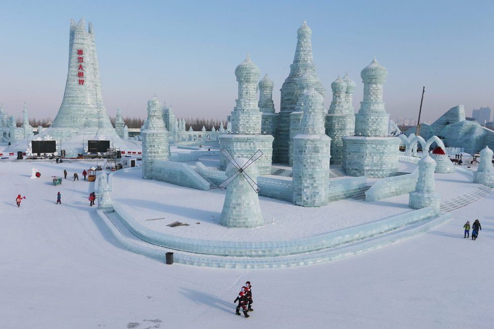 General view of ice sculpture works at Harbin Ice and Snow World
