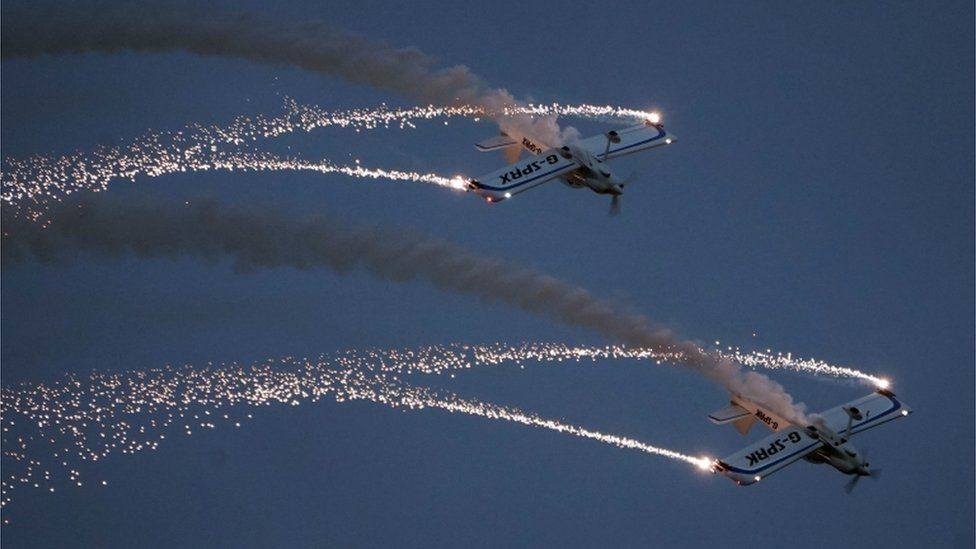The Fireflies aerobatic display team perform last night at the Sunderland International Airshow