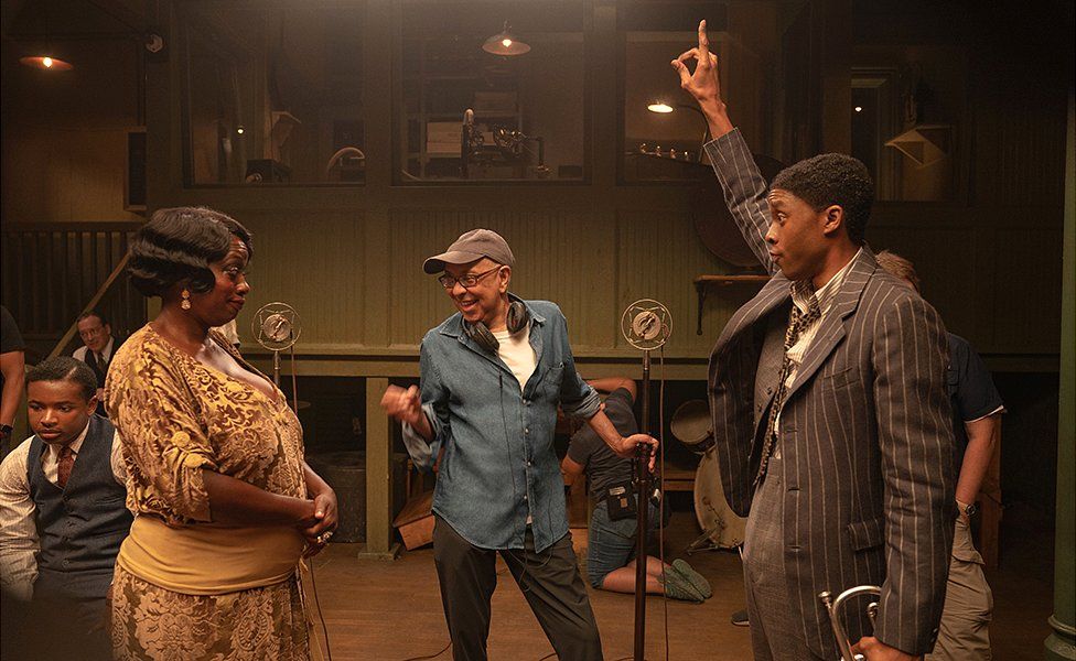 Viola Davis, George C. Wolfe and Chadwick Boseman on the set of Ma Rainey's Black Bottom