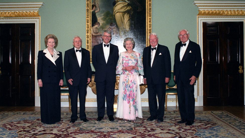 The Queen with John Major, Margaret Thatcher, Harold Wilson, Edward Heath and James Callaghan