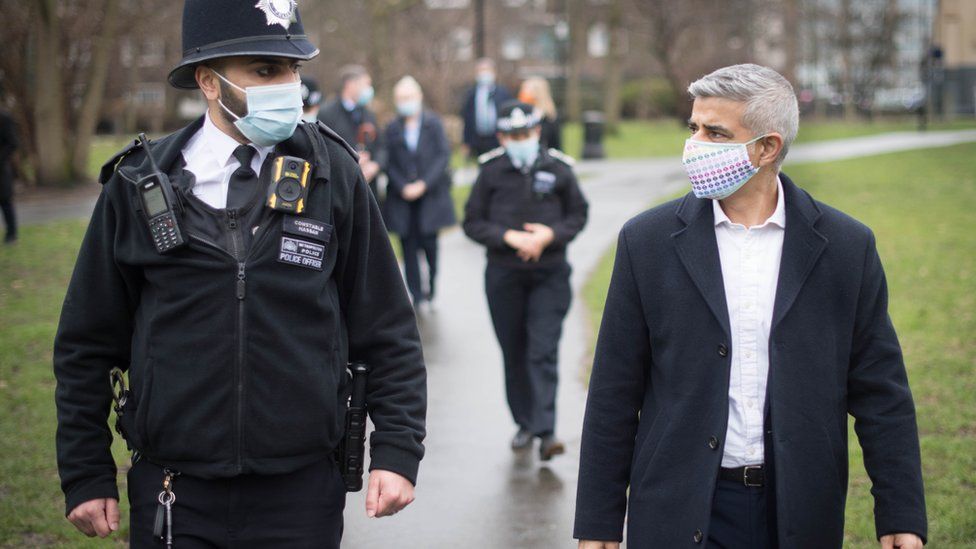 Mayor of London, Sadiq Khan walks a beat in Bethnal Green with Metropolitan Police officers.