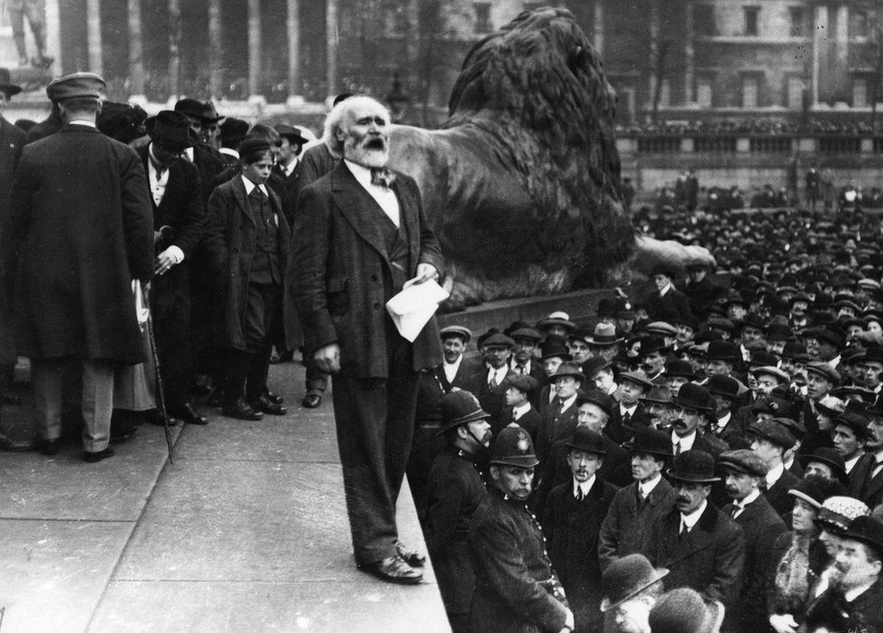 Keir Hardie (1856 - 1915), addressing the Suffragettes' Free Speech meeting in Trafalgar Square, London.