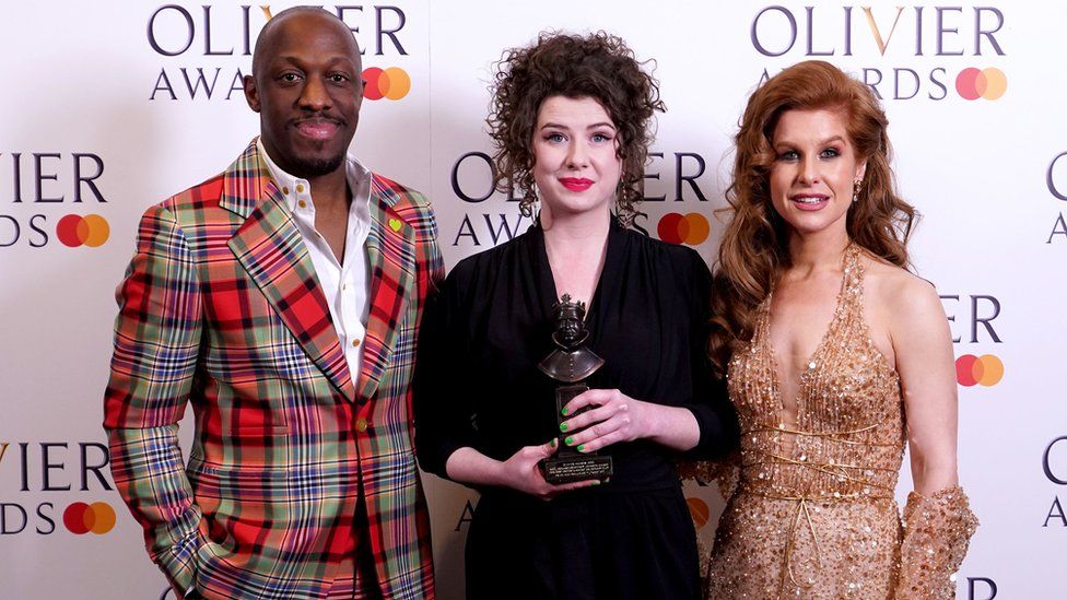 Isobel McArthur (centre) in the Oliviers press room with presenters Giles Terera (left) and Cassidy Janson
