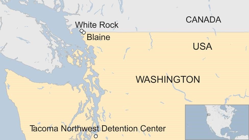 Map of the US-Canada border along the US state of Washington, highlighting White Rock in Canada, Blaine and Tacoma Northwest Detention Center in the US
