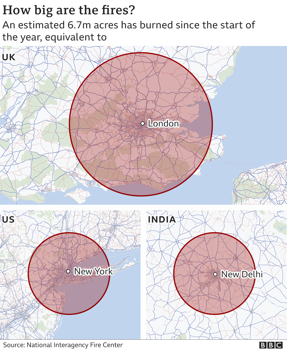 Map showing the size of US wildfires - over London, New York and New Delhi