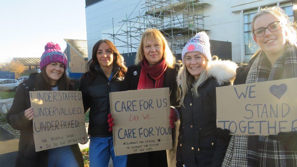 Nurses on the picket line with RCN director Helen Whyley
