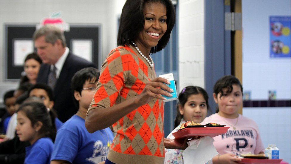 Michelle Obama at a school canteen
