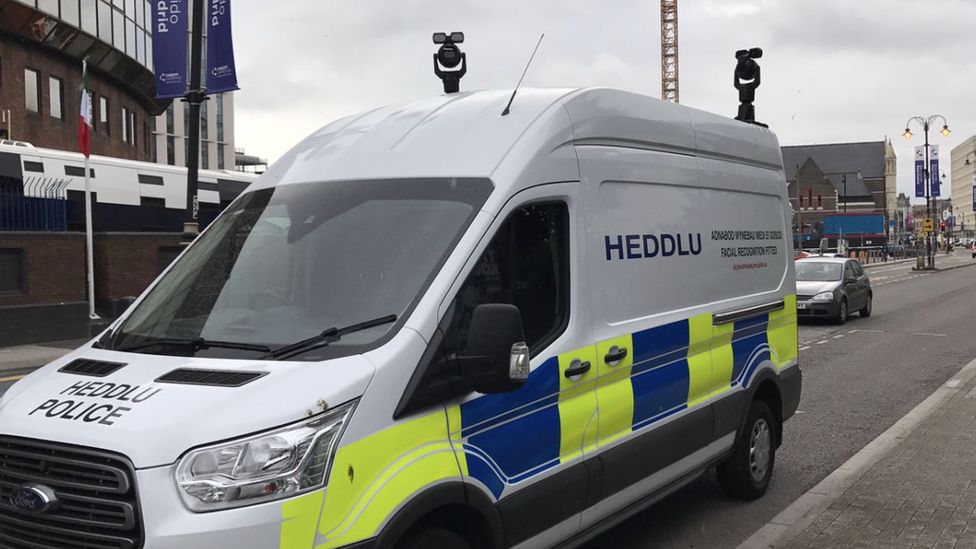 Police automatic face recognition unit in operation around Cardiff city centre