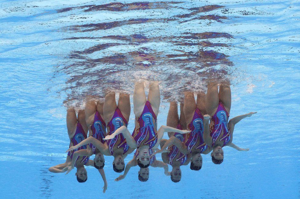 Farida Abdelbary, Salma Marei, Mariam Ahmed, Sondos Mohamed, Nadine Barsoum, Nihal Saafan, Hana Hiekal and Malak Toson of Team Egypt compete at the Doha 2024 World Aquatics Championships.