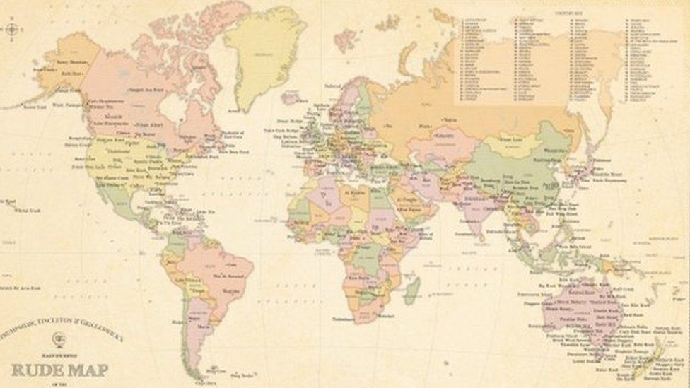 This is a photo of a map of the rudest place names in the world