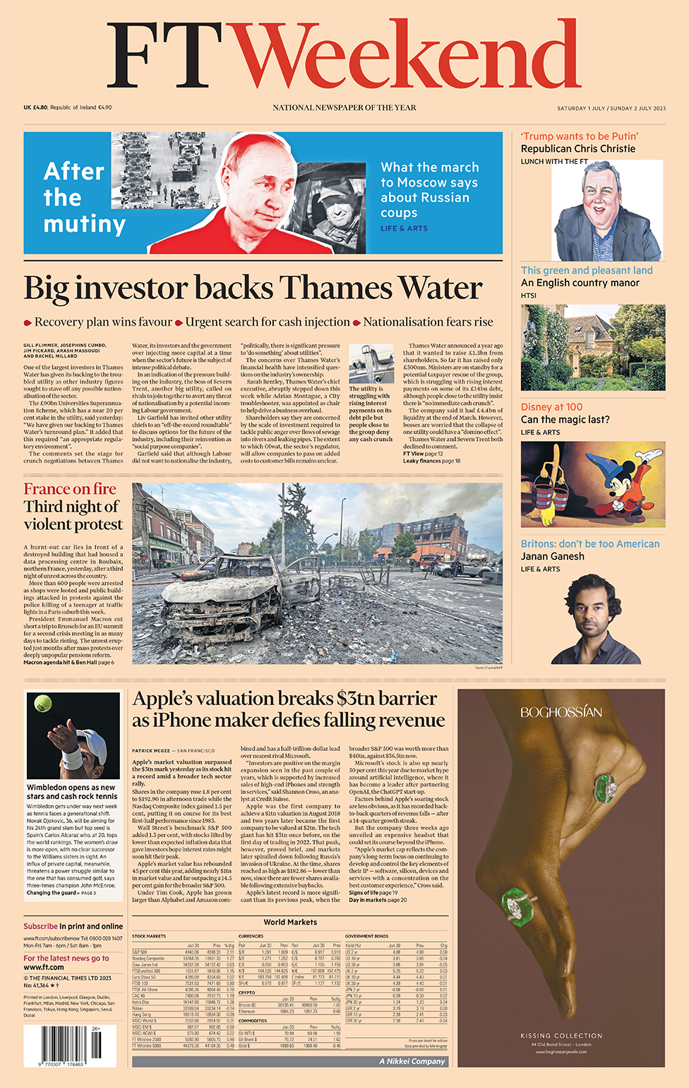 The headline in the FT Weekend reads: "Big investor backs Thames Water"