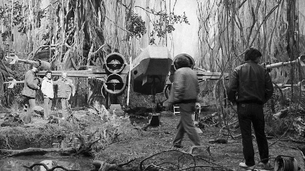 Norman Reynolds with others on the Dagobah set