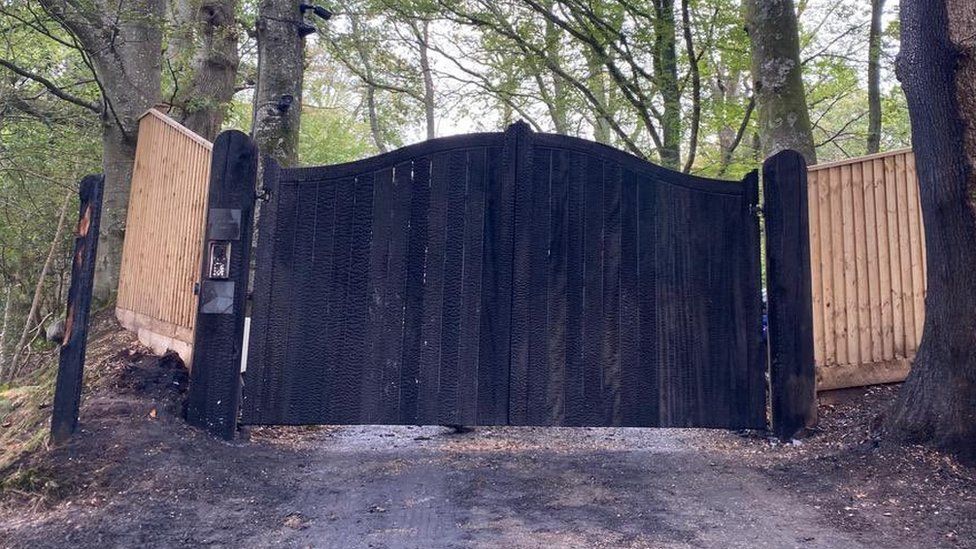 Chris Packham's gates after a suspected arson attack