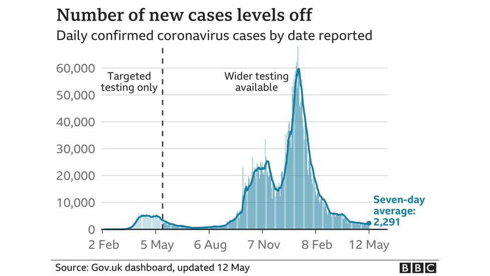A graphic showing new cases levelling off
