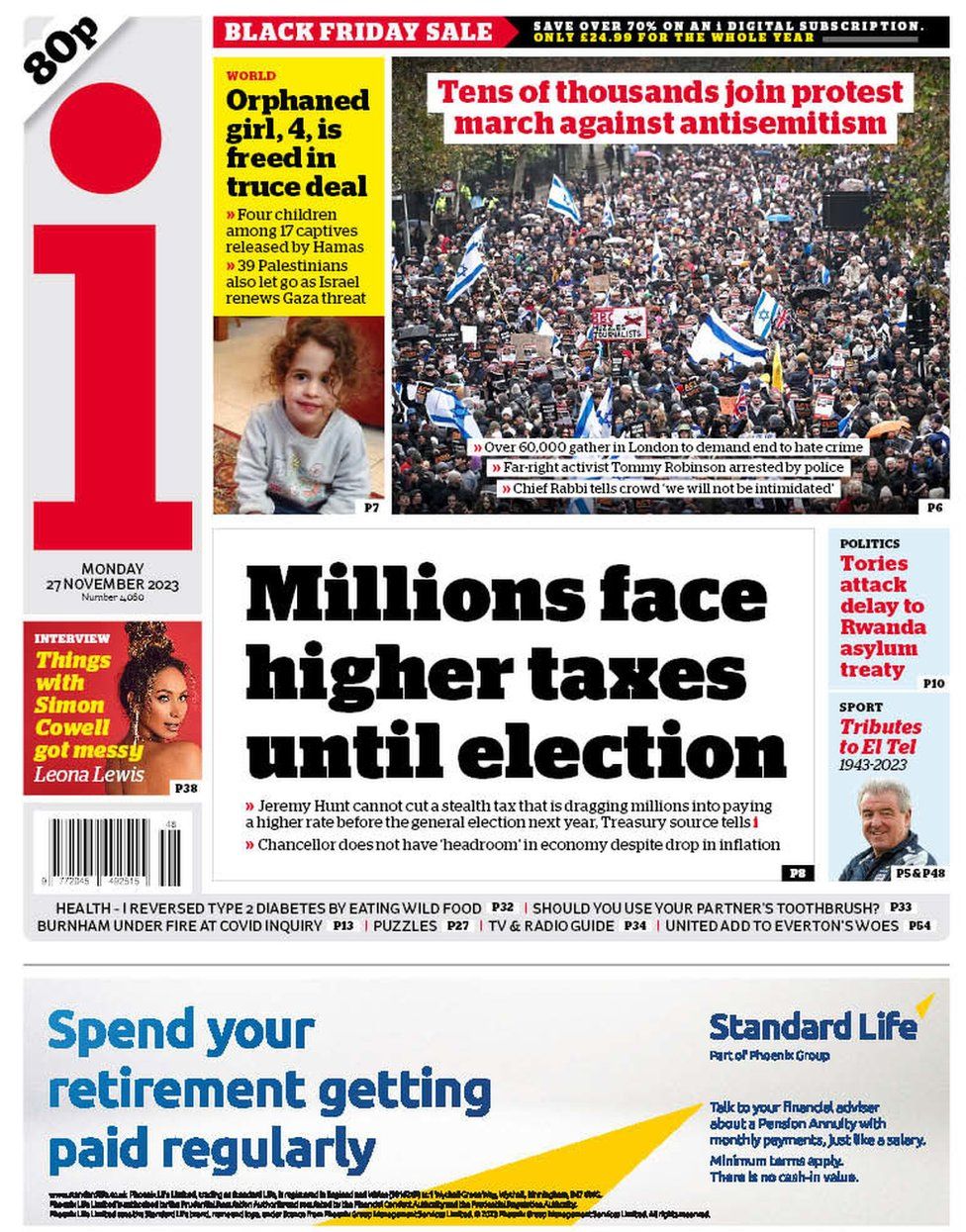 The main headline on the i front page reads "Millions face higher taxes until election"