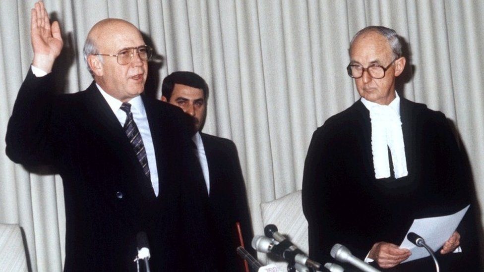 F W de Klerk being sworn in as acting state president in 1989