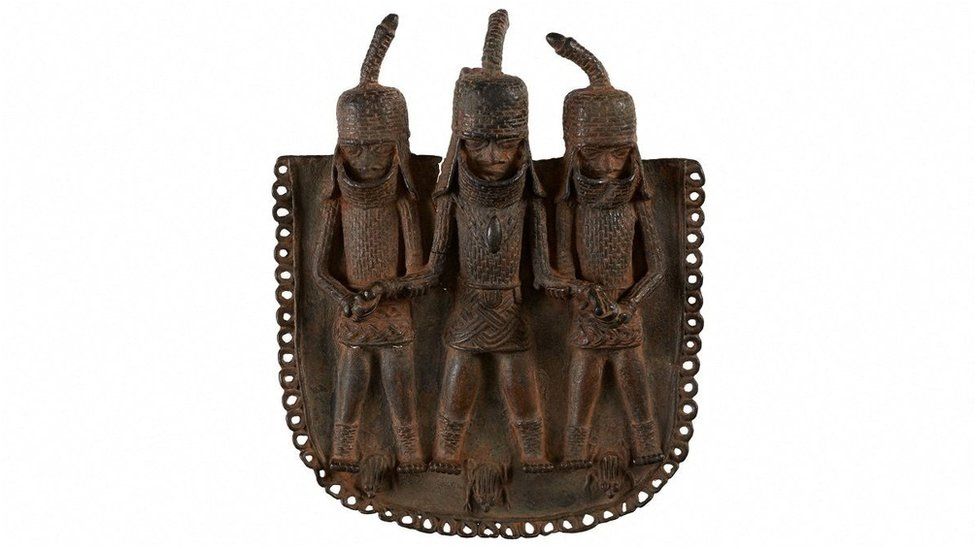 A square bronze pendant or ornament, one of the objects that London's Horniman Museum says was looted from Benin City by British soldiers in 1897