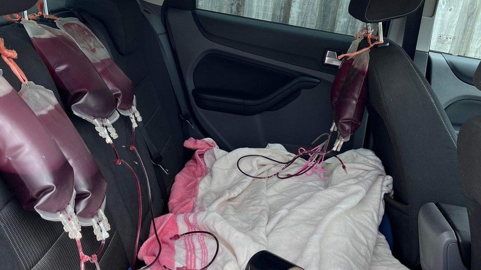 the backseat of a car with a blanket laid across the backseats and several bags of blood