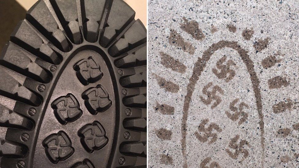 A Reddit image shows the City of Industry Polar Fox boot and its tread with tiny swastika imprints.