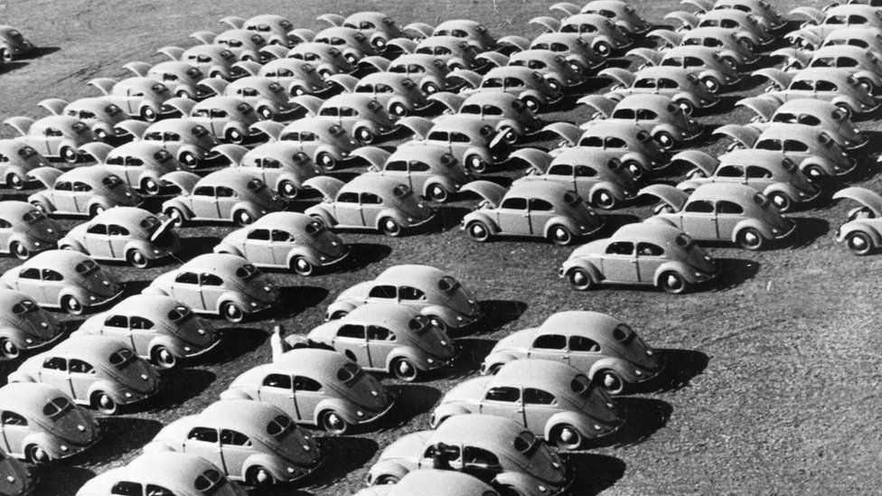 Rows of 'Volkswagen Beetle cars, circa 1950