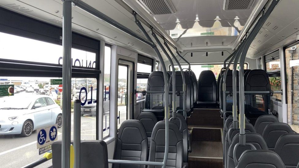 The inside of the trial bus
