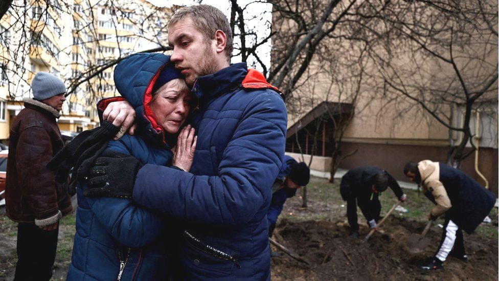 Residents of Bucha mourning a friend whom they said had been killed by Russian soldiers