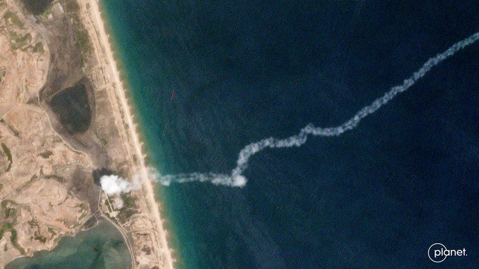 A satellite image shows what is believed to be the launch point and exhaust trail of a short-range ballistic missile test in North Korea