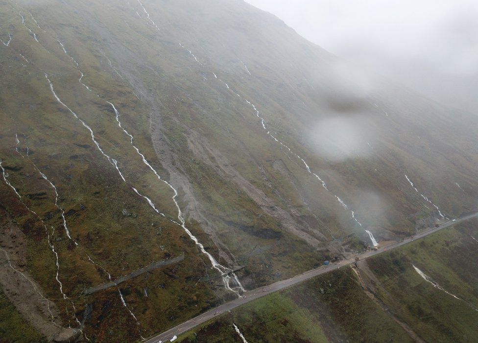 Landslips above the A83 at the rest and be Thankful